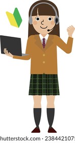 Full body of a beginner junior high school and high school student wearing a brown blazer  and headset standing with a laptop