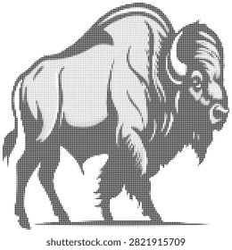 Full body bison illustration in side profile using textured halftone dot shading. Professional vector asset suitable for athletic logos or branding usage.