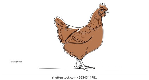 Full body of brown chicken hen standing continuous single line art drawing sketch on white background	
