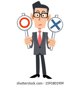 Full body of a businessman wearing glasses thinking with both hands holding a round and cross bill