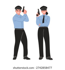 Full body cartoon vector illustration of male and female police officers in uniform holding pistols. Professional law enforcement characters standing confidently, isolated on white background. Ideal for security themes, public service designs, educational materials, posters, mascots, and graphic projects related to safety, crime prevention, and authority.