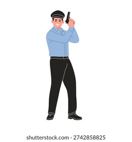 Full body cartoon vector illustration of male police officers in uniform holding pistols. Professional law enforcement characters standing confidently, isolated on white background. Ideal for security themes, public service designs, educational materials, posters, mascots, and graphic projects related to safety, crime prevention, and authority.