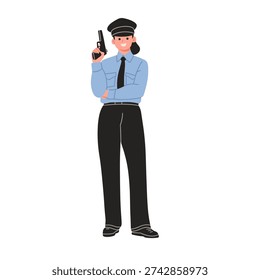 Full body cartoon vector illustration of female police officers in uniform holding pistols. Professional law enforcement characters standing confidently, isolated on white background. Ideal for security themes, public service designs, educational materials, posters, mascots, and graphic projects related to safety, crime prevention, and authority.
