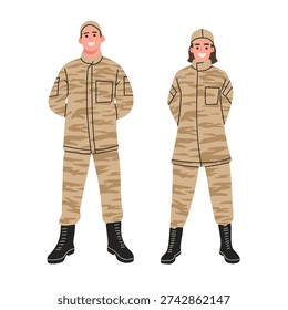 Full body cartoon vector illustration of male and female soldiers wearing desert camouflage military uniforms and black boots. Professional army characters standing confidently, isolated on white background. Ideal for defense themes, military concepts, training materials, security designs, patriotic campaigns, and educational graphic projects.