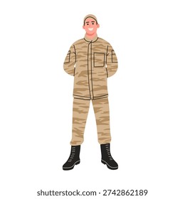 Full body cartoon vector illustration of male and female soldiers wearing desert camouflage military uniforms and black boots. Professional army characters standing confidently, isolated on white background. Ideal for defense themes, military concepts, training materials, security designs, patriotic campaigns, and educational graphic projects.