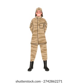 Full body cartoon vector illustration of female soldiers wearing desert camouflage military uniforms and black boots. Professional army characters standing confidently, isolated on white background. Ideal for defense themes, military concepts, training materials, security designs, patriotic campaigns, and educational graphic projects.