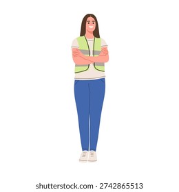 Full body cartoon vector illustration of male and female construction workers wearing reflective safety vests and casual work clothes. Professional labor characters standing confidently with crossed arms, isolated on white background. Perfect for construction themes, building projects, engineering concepts, workplace safety campaigns, and industrial design materials.