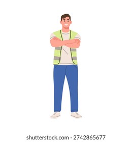 Full body cartoon vector illustration of male and female construction workers wearing reflective safety vests and casual work clothes. Professional labor characters standing confidently with crossed arms, isolated on white background. Perfect for construction themes, building projects, engineering concepts, workplace safety campaigns, and industrial design materials.
