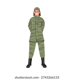 Full body cartoon vector illustration of male and female soldiers wearing green camouflage military uniforms and black combat boots. Professional army characters standing confidently, isolated on white background. Ideal for defense concepts, military themes, training materials, security designs, patriotic campaigns, and armed forces graphic projects.