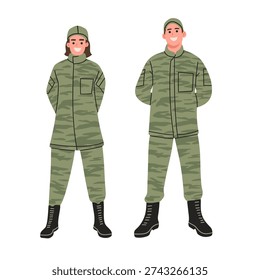 Full body cartoon vector illustration of male and female soldiers wearing green camouflage military uniforms and black combat boots. Professional army characters standing confidently, isolated on white background. Ideal for defense concepts, military themes, training materials, security designs, patriotic campaigns, and armed forces graphic projects.