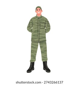 Full body cartoon vector illustration of male and female soldiers wearing green camouflage military uniforms and black combat boots. Professional army characters standing confidently, isolated on white background. Ideal for defense concepts, military themes, training materials, security designs, patriotic campaigns, and armed forces graphic projects.