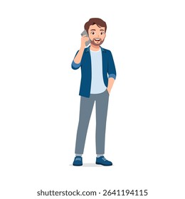 Full body of a Caucasian man holding a phone with his hand in pocket