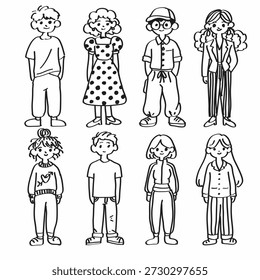 Illustrationen von Ganzkörperfiguren mit verschiedenen Personen in einem handgezeichneten flachen Stil mit schwarzen Strichlinien. Diese Illustration eignet sich perfekt für das Design von Websites, Präsentationsfolien, Bildungsinhalte, Unternehmenskommunikation, Social-Media-Beiträge, Poster und Druckprojekte. Ideal für Themen wie Vielfalt, Inklusion, Teamarbeit, Community, Lifestyle und das Konzept moderner Menschen. Saubere und ausdrucksstarke handgezeichnete Linien einzeln auf einfachem Hintergrund, einfach anzupassen.