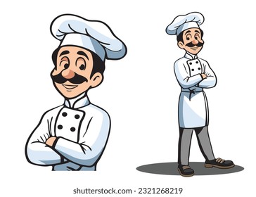 Chef de cuerpo completo con bigote Caricatura Cartoon vector Comic Dibujo coloreado para el diseño del logo del restaurante o diseño de afiche vectorial arte