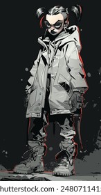 Full Body Color Illustration of Punk Style Fashion with Hoodie, Leather Gloves, and Army Boots on Black Background