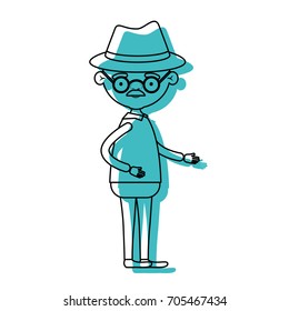 full body elderly man in clothes with moustache and hat with glasses in blue watercolor silhouette vector illustration