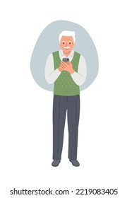 Full body elderly man looks into the smartphone. Vector flat style  illustration