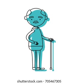 full body elderly man in walking stick in blue watercolor silhouette vector illustration