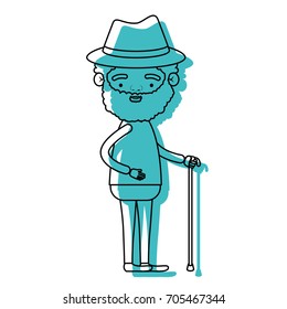 full body elderly man in walking stick with curly beard and hat in blue watercolor silhouette vector illustration