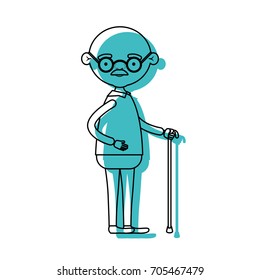 full body elderly man in walking stick with moustache and glasses in blue watercolor silhouette vector illustration