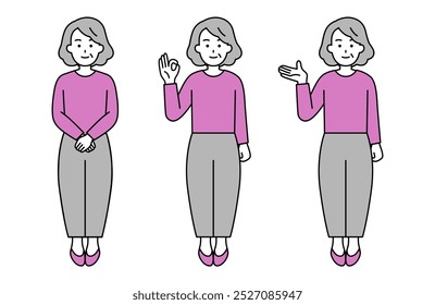 Full body elderly woman pose set