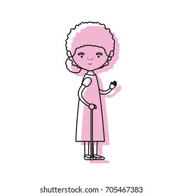 full body elderly woman in walking stick with dress and curly side bun hairstyle in pink watercolor silhouette vector illustration
