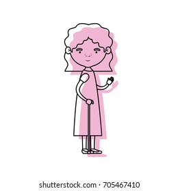 full body elderly woman in walking stick with dress and short hairstyle in pink watercolor silhouette vector illustration