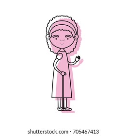 full body elderly woman in walking stick with dress and bow lace and curly hairstyle in pink watercolor silhouette vector illustration