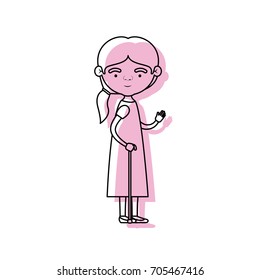 full body elderly woman in walking stick with dress and ponytail side hairstyle in pink watercolor silhouette vector illustration