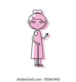 full body elderly woman in walking stick with dress and collected hairstyle in pink watercolor silhouette vector illustration