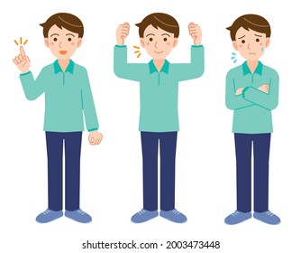 Full body facial expression pose illustration set for men in casual clothes