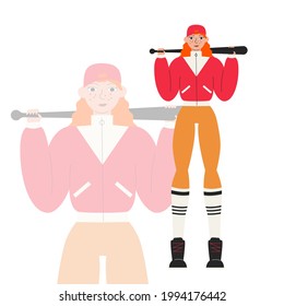 Full Body Female Baseball Player With Black Bat Isolated. Cute Young Woman In Retro-sport Uniform. Good-looking Girl Standing Up And Holding Baseball Bat On Shoulders. Vector Flat Fashion Illustration