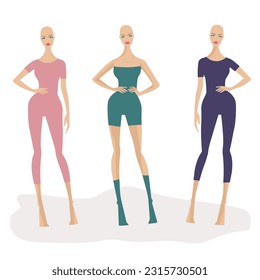 Full body female beautiful model walking pose with slim fit body suit. 9Headed proportation fashion sketch. Elegance vintage restro style design. Silhouette dark and light skintone. Fashion sket EPS, 