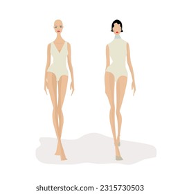 Full body female beautiful model walking pose with slim fit body suit. 9Headed proportation fashion sketch. Elegance vintage restro style design. Silhouette dark and light skintone. Fashion sket EPS, 