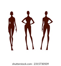 Full body female beautiful model walking pose with slim fit body suit. 9Headed proportation fashion sketch. Elegance vintage restro style design. Silhouette dark and light skintone. Fashion sket EPS, 