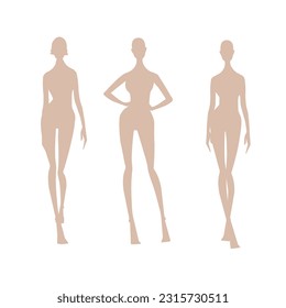 Full body female beautiful model walking pose with slim fit body suit. 9Headed proportation fashion sketch. Elegance vintage restro style design. Silhouette dark and light skintone. Fashion sket EPS, 