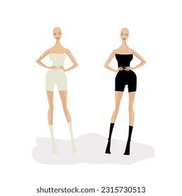 Full body female beautiful model walking pose with slim fit body suit. 9Headed proportation fashion sketch. Elegance vintage restro style design. Silhouette dark and light skintone. Fashion sket EPS, 