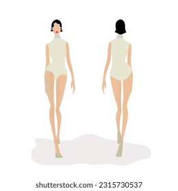 Full body female beautiful model walking pose with slim fit body suit. 9Headed proportation fashion sketch. Elegance vintage restro style design. Silhouette dark and light skintone. Fashion sket EPS, 