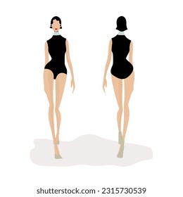 Full body female beautiful model walking pose with slim fit body suit. 9Headed proportation fashion sketch. Elegance vintage restro style design. Silhouette dark and light skintone. Fashion sket EPS, 