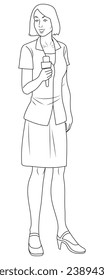 Full body of a female reporter in outline and vector.
