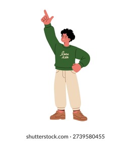 Full body flat illustration of a young man raising his arm and pointing upward with his index finger. Casual male character standing confidently and looking toward the upper direction. Isolated on light background. Concept of upward direction, pointing sign, indication, instruction, navigation, or calling attention to something above.