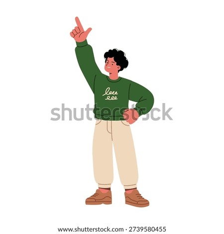 Full body flat illustration of a young man raising his arm and pointing upward with his index finger. Casual male character standing confidently and looking toward the upper direction. Isolated on light background. Concept of upward direction, pointing sign, indication, instruction, navigation, or calling attention to something above.