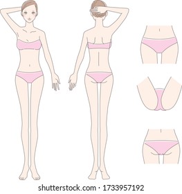 Full body (front and back) of a woman in underwear. area hair removal.