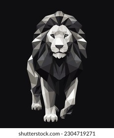 Full body geometric lion in low poly style, symmetrical vector illustration Polygonal style trendy animal face