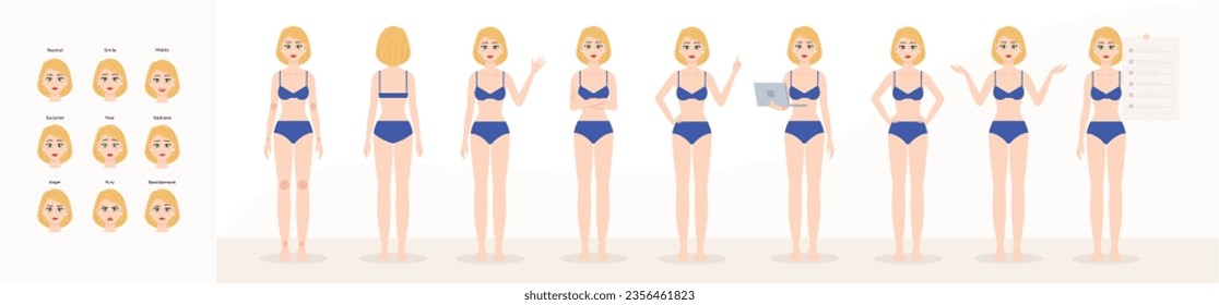Full body girl pose set. Face emotions collection. Female character for game, advertisign, marketing of education course. Woman template for drawing