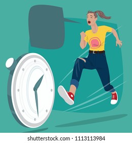 Full body of girl running and screams. Pursuit of time or chasing of rolling clock. Expressive cartoon style. Vector illustration