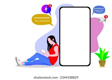 Full body girl siting near big mobile cell phone with blank screen isolated on white background. Empty cellphone display with copy space. Flat vector illustration design