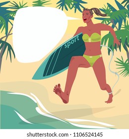 Full body of girl in swimsuit running on beach with surfboard and screams. Young woman is in hurry from sand to ocean. Surfing sport. Expressive cartoon style. Vector illustration