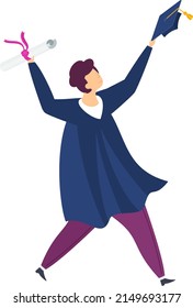 Full body graduate student man raises his diploma. Graduation ceremony. Student party. Flat vector illustration.