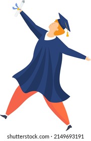 Full body graduate student man raises his diploma. Graduation ceremony. Student party. Flat vector illustration.